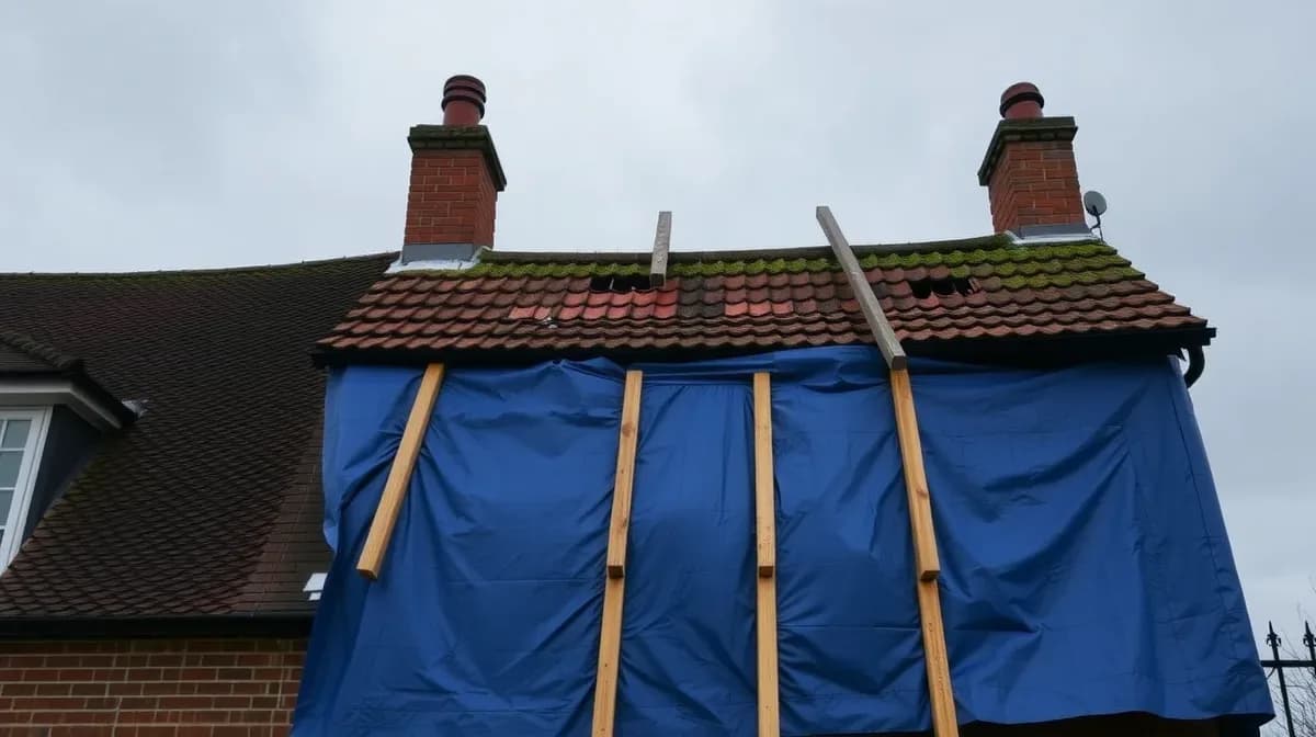 Storm-damaged roof secured with a tarpaulin