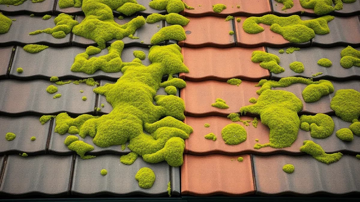 Tiled roof half cleared of green moss